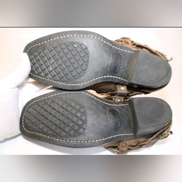 Sale Frye USA Made Womens 8m distressed Leather Belted Harness Western Mules - Picture 2 of 10